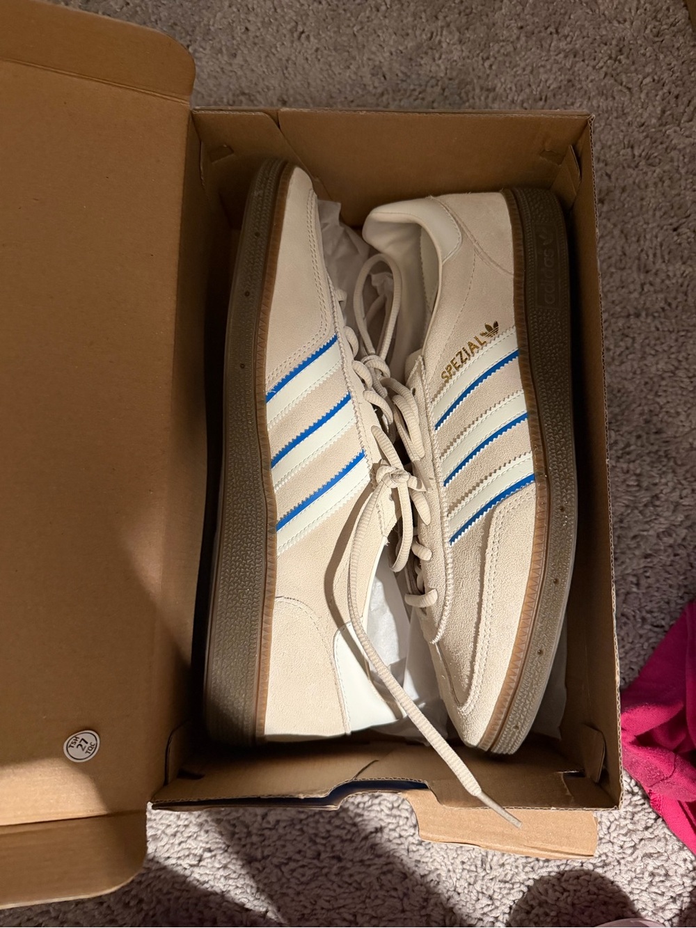 adidas Spezial Men’s Cream Suede Sneakers with Blue Stripes